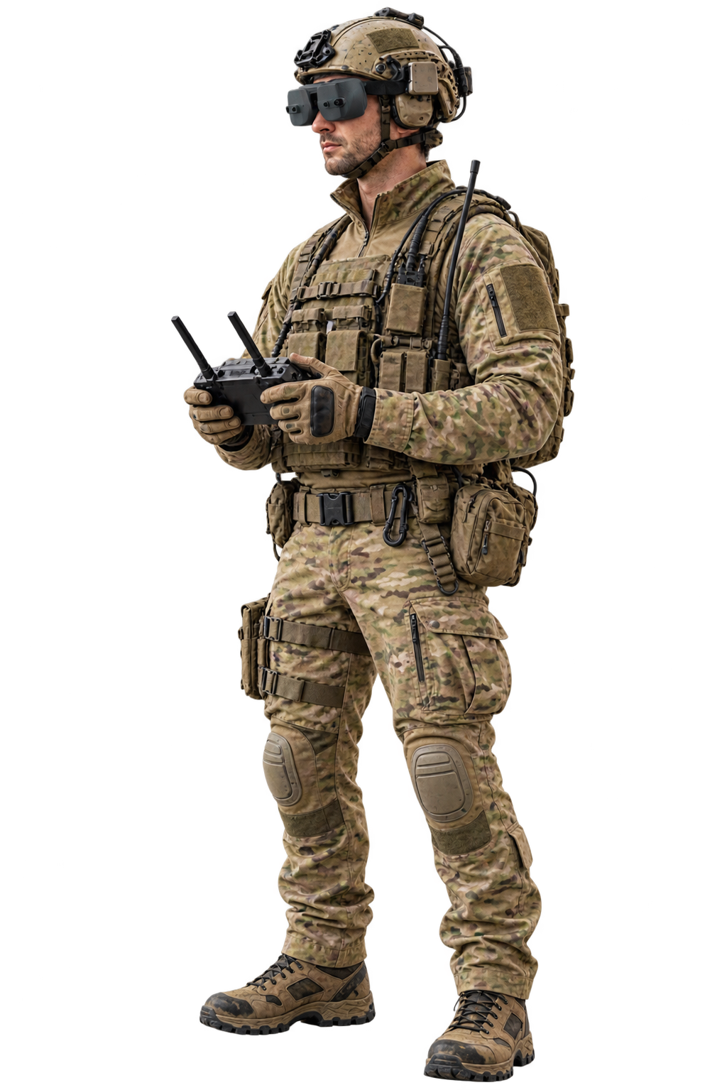 Helmet-mounted rFPV headset worn by an operator holding a remote controller