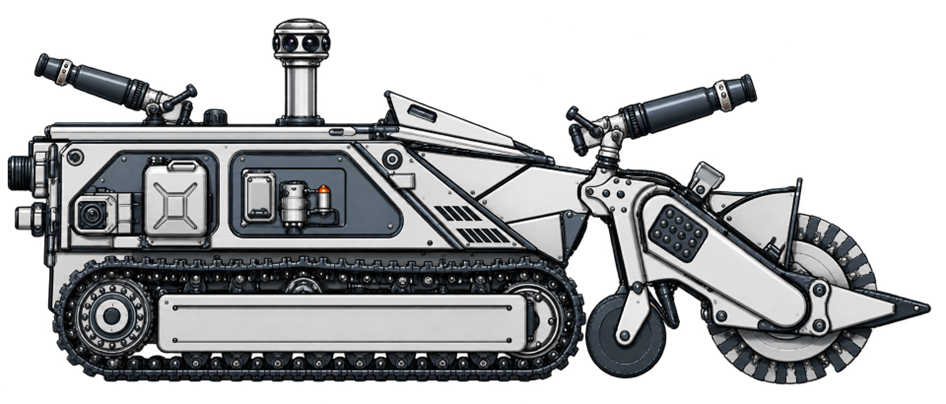 Multi-function tracked UGV with a mast-mounted 360-degree camera, firefighting equipment and engineering tools