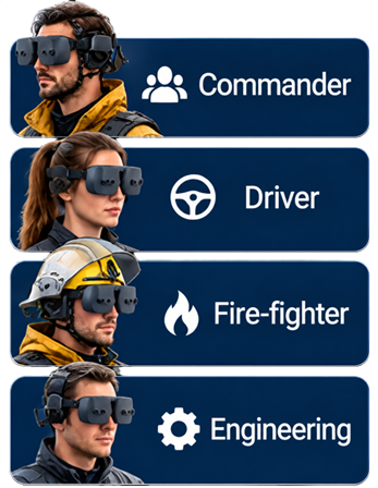 Headset-equipped operators: commander, driver, firefighter and engineering operator